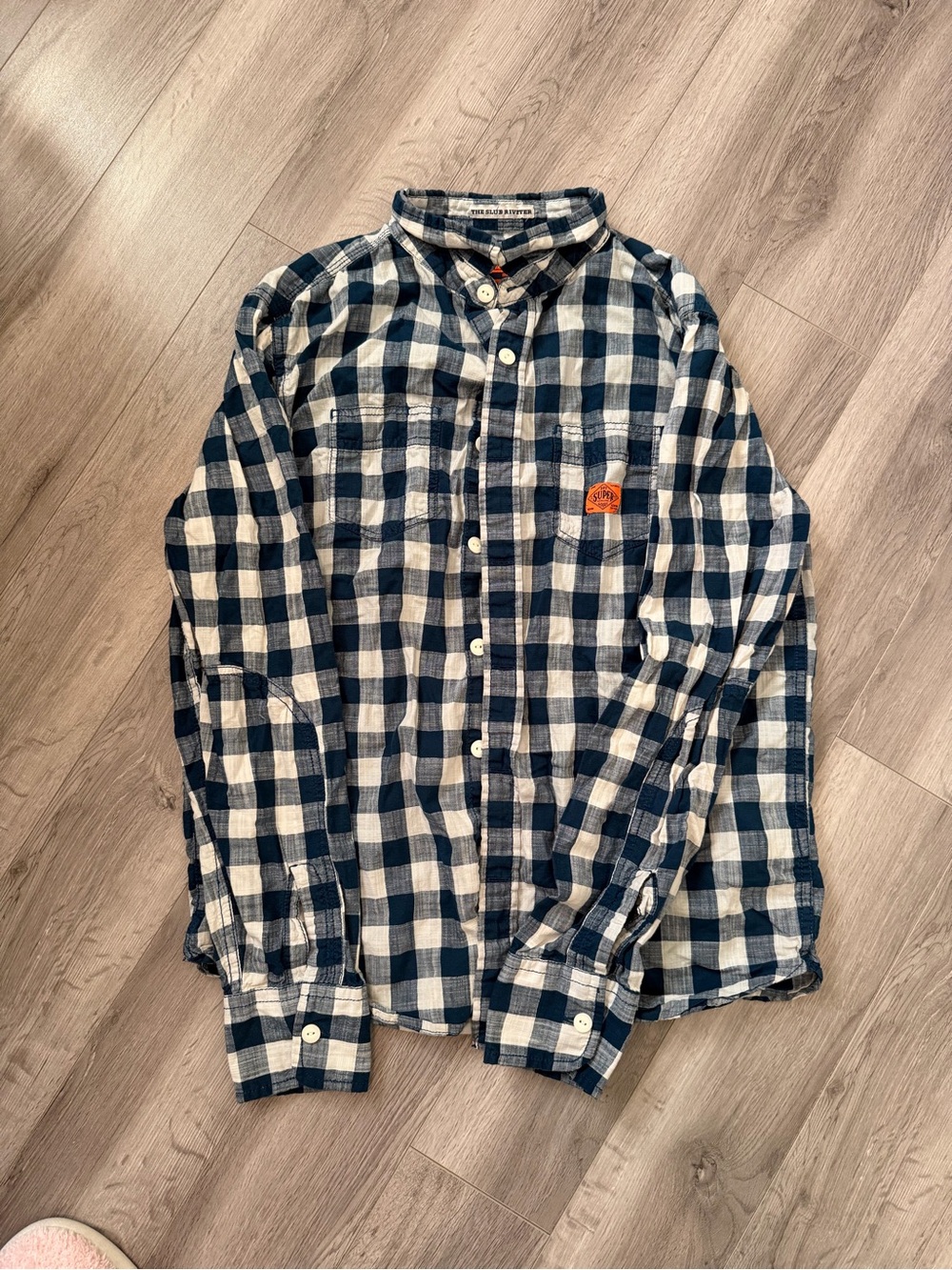 VINTAGE SUPER DRY Men's Navy and White Check Button-Up Shirt (X-LARGE)